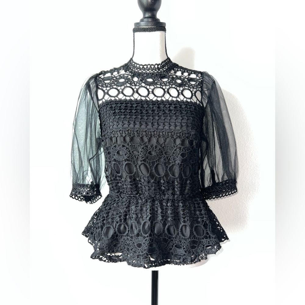 Iris Black Lined Lace Sheer Puff Sleeves Peplum Romantic
Goth Woman's Top Sm